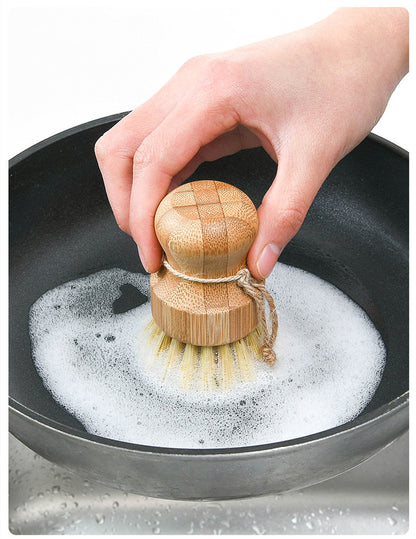 Bamboo Wooden Pots Dishes Sinks Stoves Cleaning Brushes Kitchen Round Handles Convenient Tools